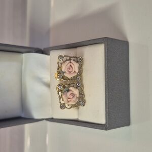 Vintage Gold Tone and Pink Rose Earrings